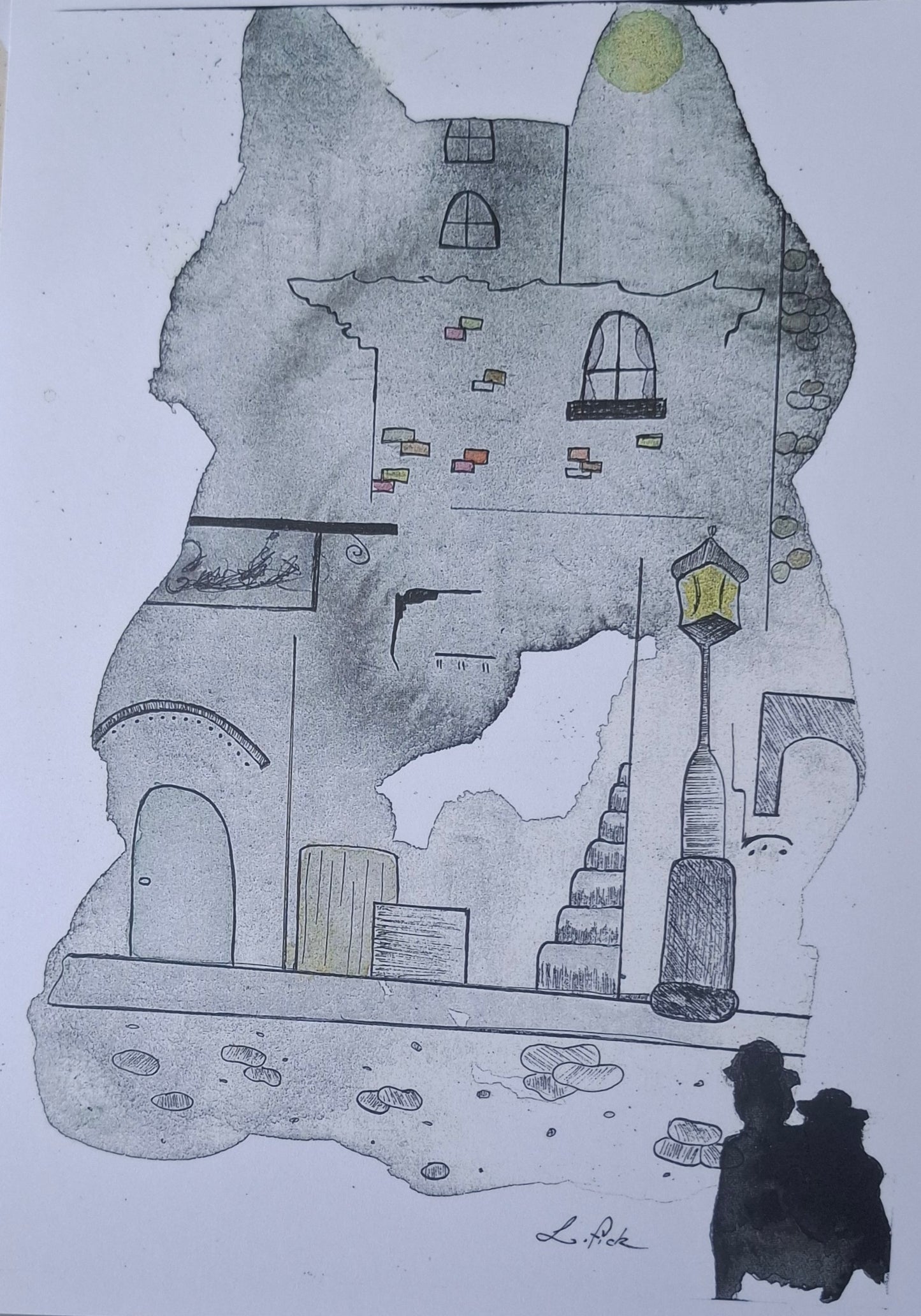 Ink and water colour print