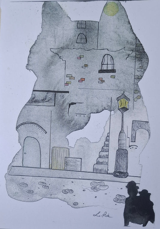 Ink and water colour print